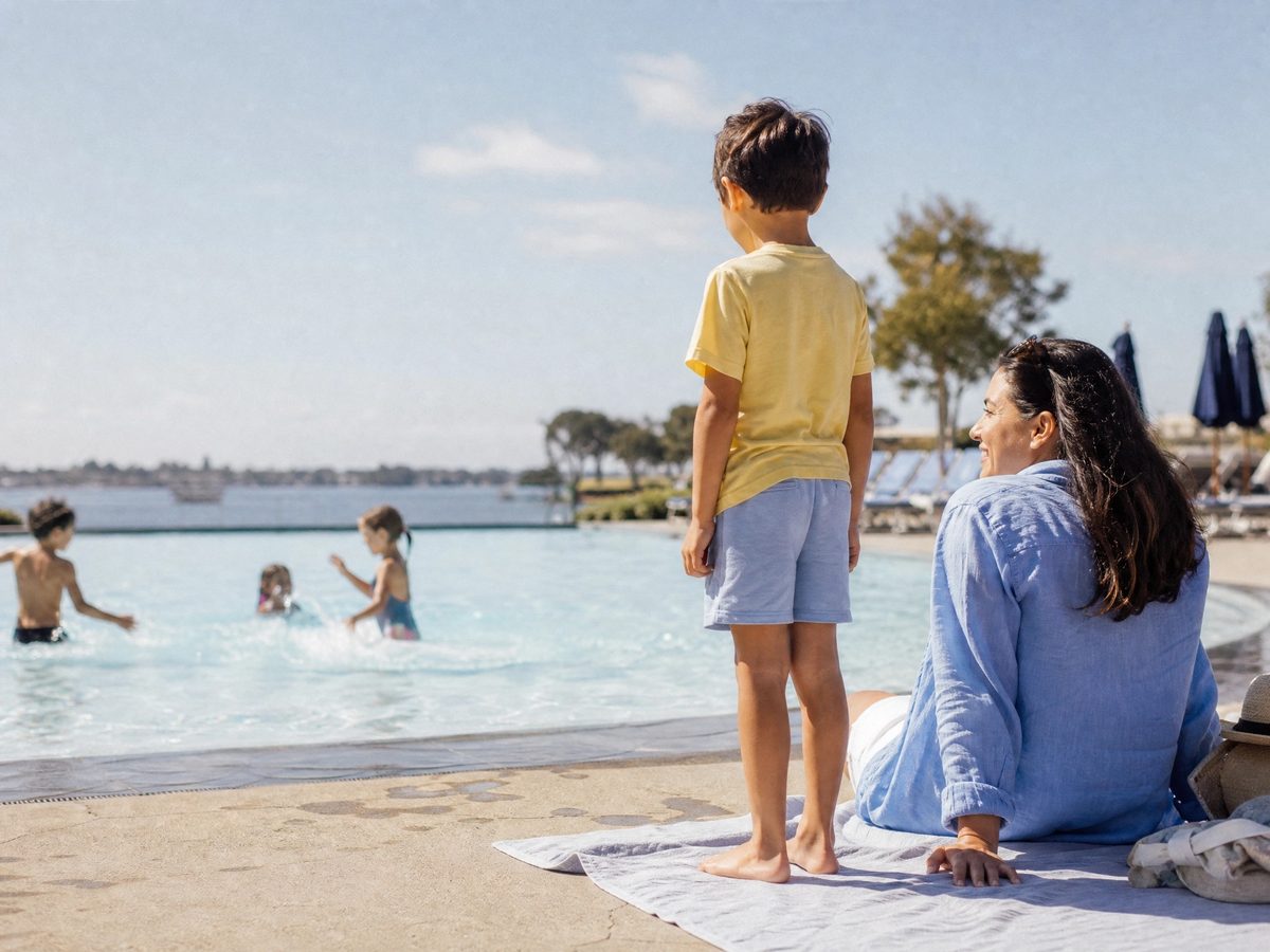 A relaxed family moment by a pool, representing an active and carefree childhood
